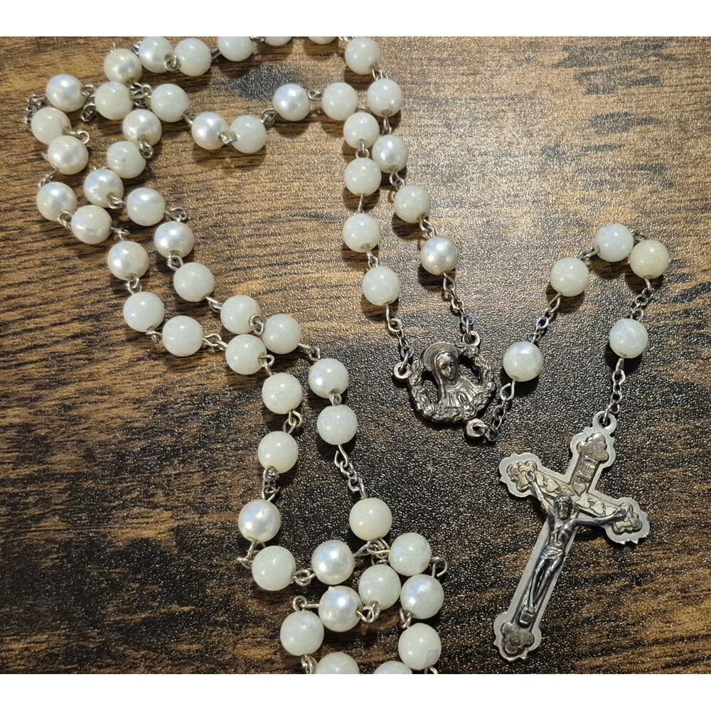 Vintage Pearly White Rosary Metal Cross Emblem Catholic Church Religion EUC